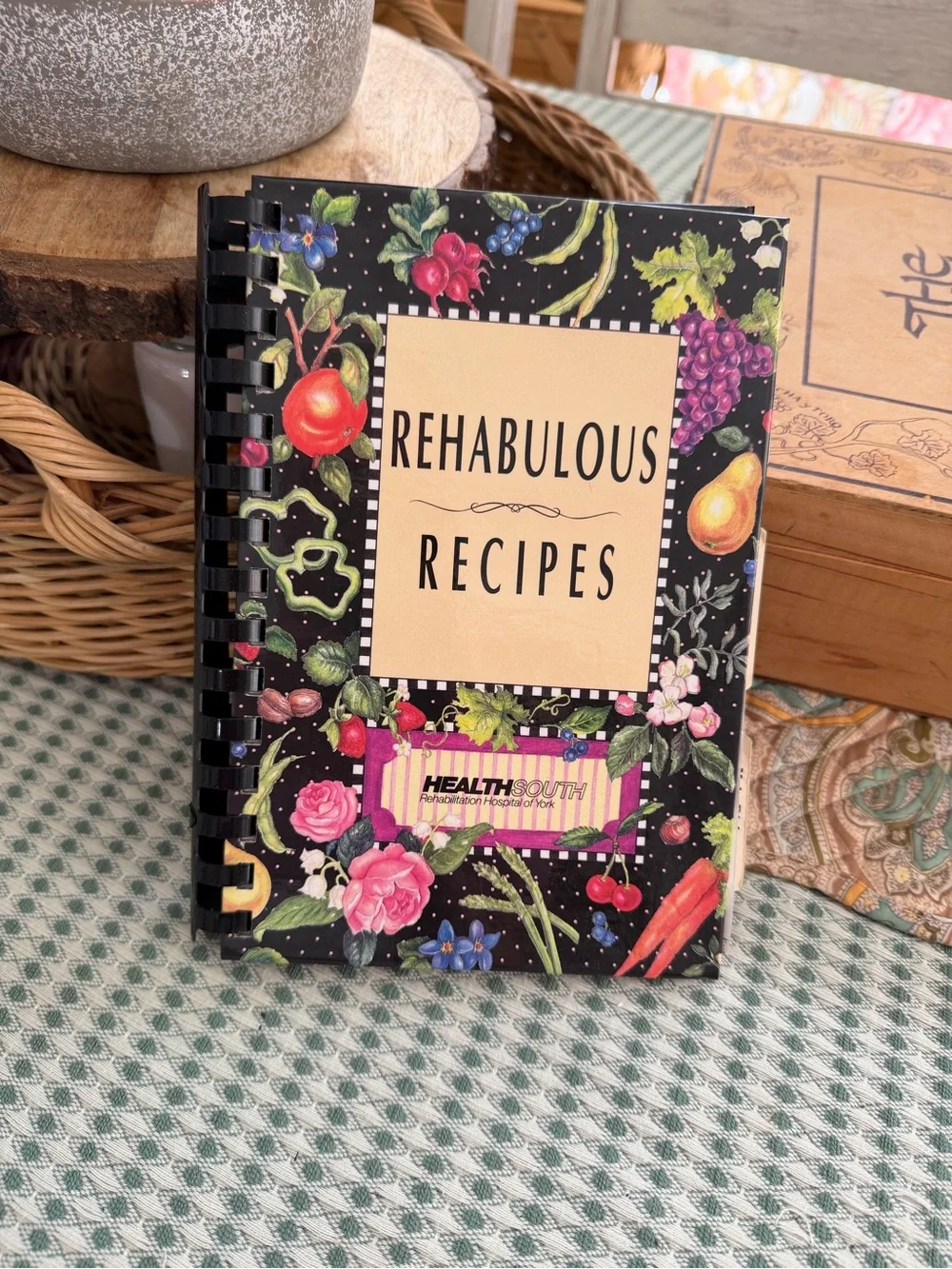 Vintage 90s Rehabulous Recipes Spiral-Bound Cookbook Fruit & Floral Cover
